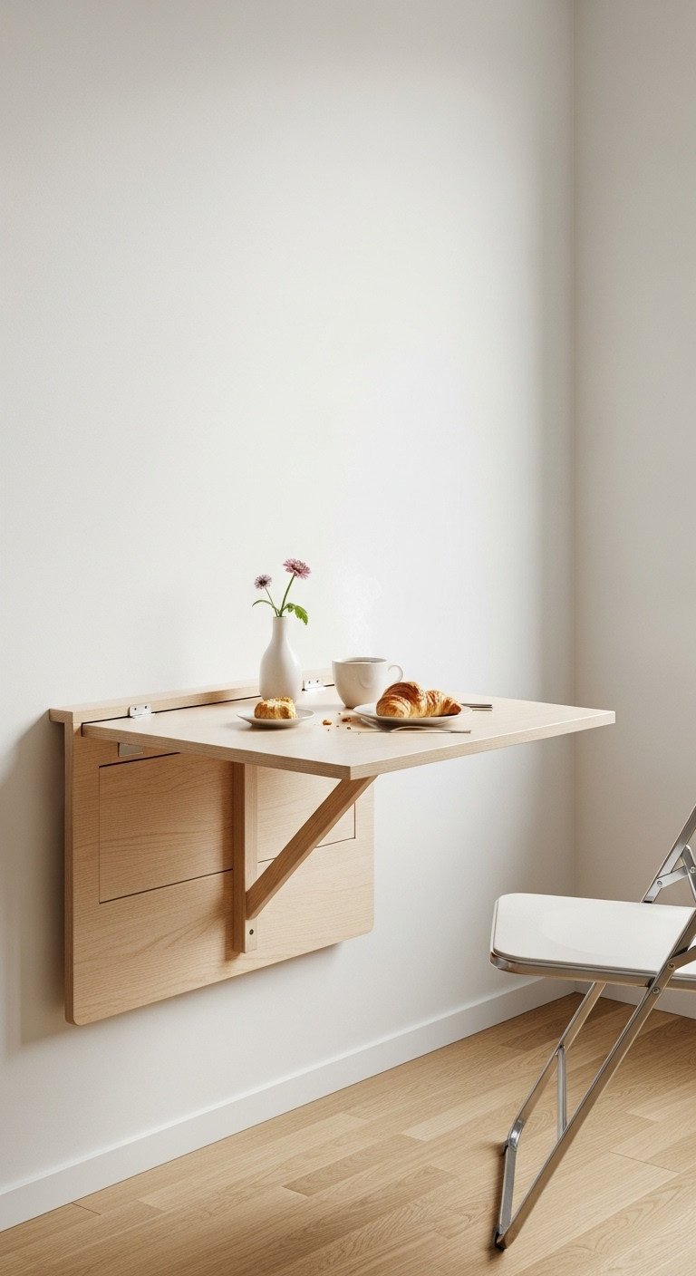 11 Brilliant Apartment Kitchen Layout Ideas For Small Spaces 15 Light birch wood fold-down wall table with coffee, croissant, and flower. Scandinavian small kitchen dining.