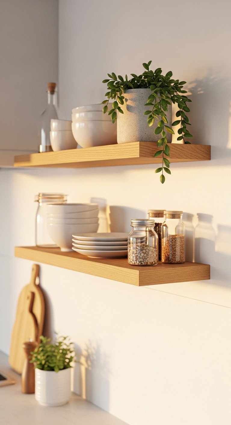 Light oak floating shelves with minimalist dishes succulent and spice jars in a Japanese kitchen