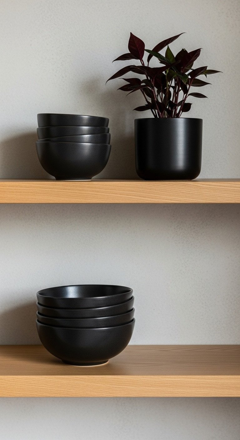Light oak shelf with matte black ceramic bowls dark-leafed plant in black pot and dramatic side lighting