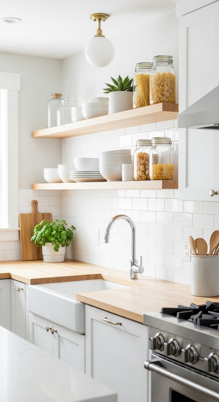 Light wood floating shelf on white subway tile, organized with minimalist ceramic dishes, a succulent, and pasta jars in a bright galley kitchen.