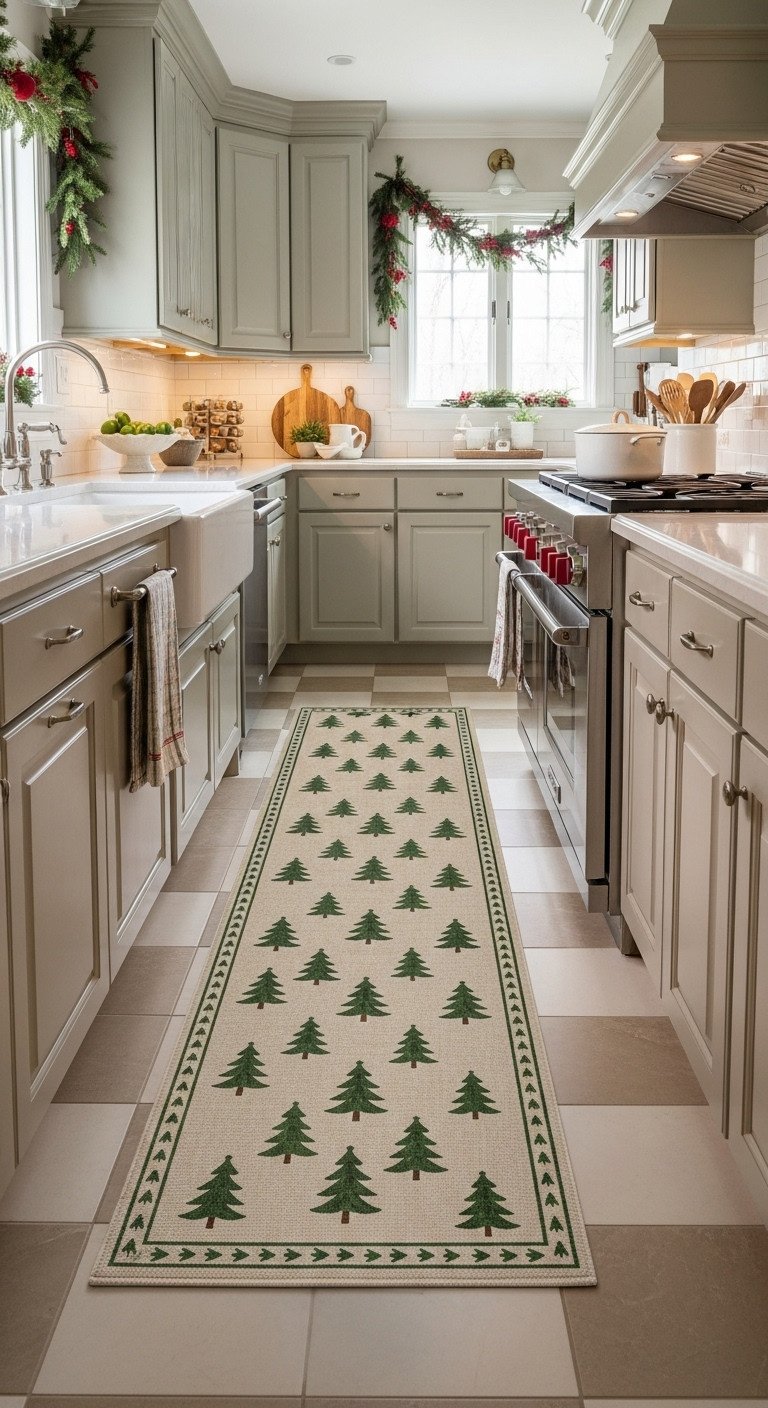 Long Christmas tree runner rug unifying galley kitchen high traffic zones checkerboard tile floor holiday decor