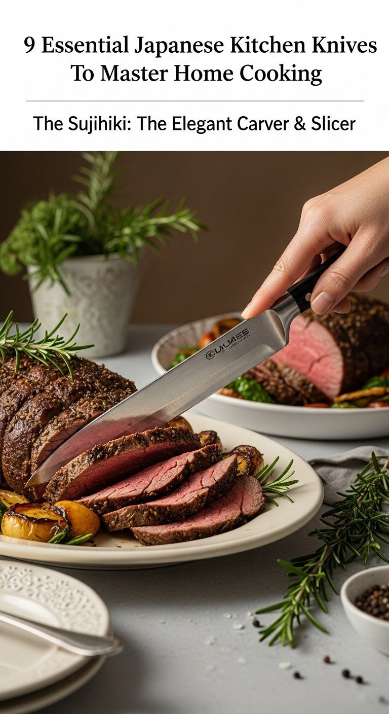 Long graceful Sujihiki knife making a perfect paper-thin slice from a roasted beef tenderloin on a platter with rosemary and peppercorns