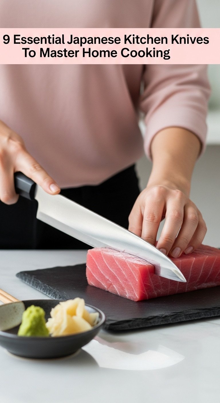 Long slender Yanagiba knife slicing through high-grade tuna for sashimi with wasabi and pickled ginger on a slate plate