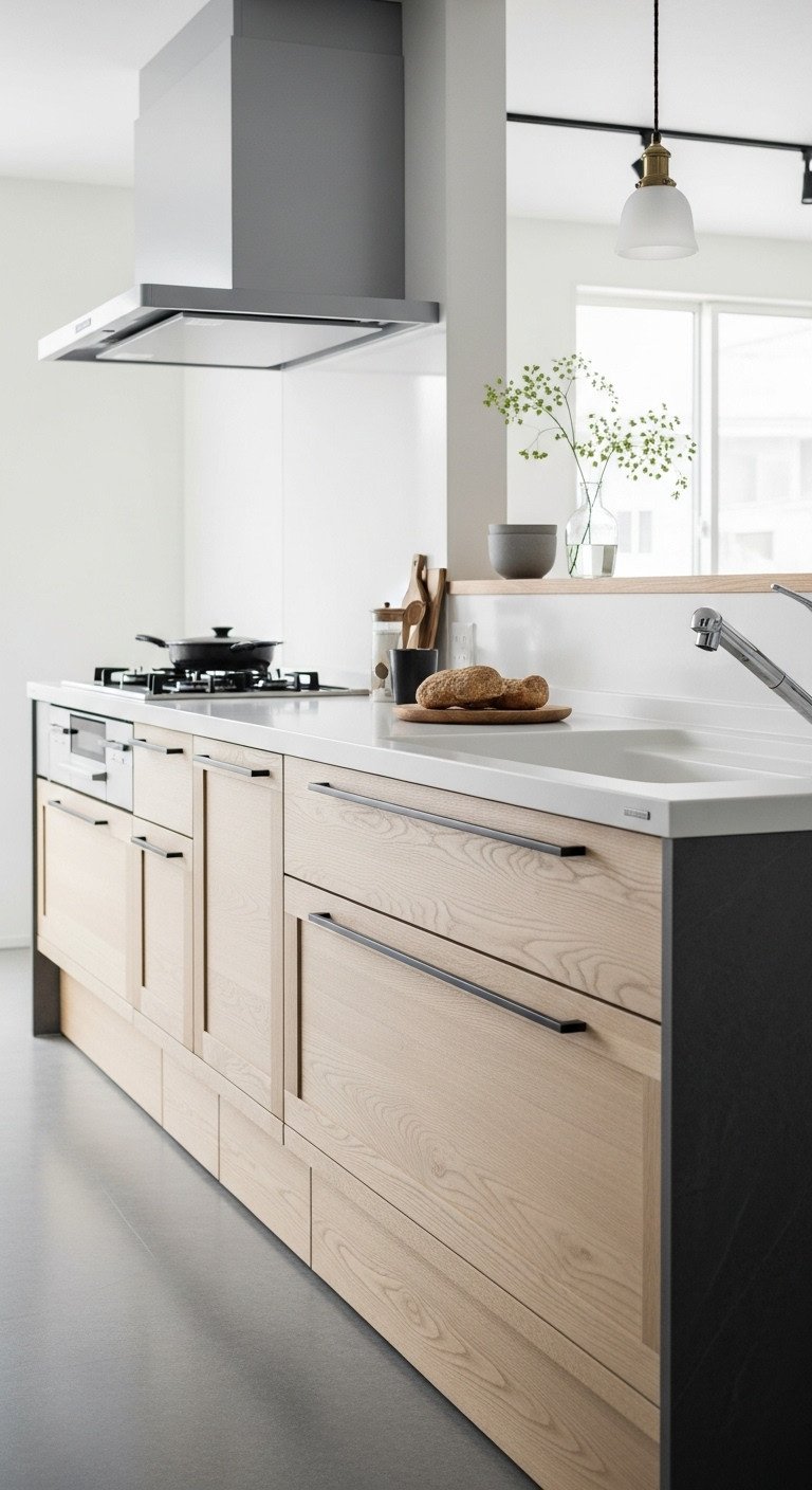 Long unbroken line of flat panel cabinetry with integrated handles showcasing clean lines and sleek surfaces