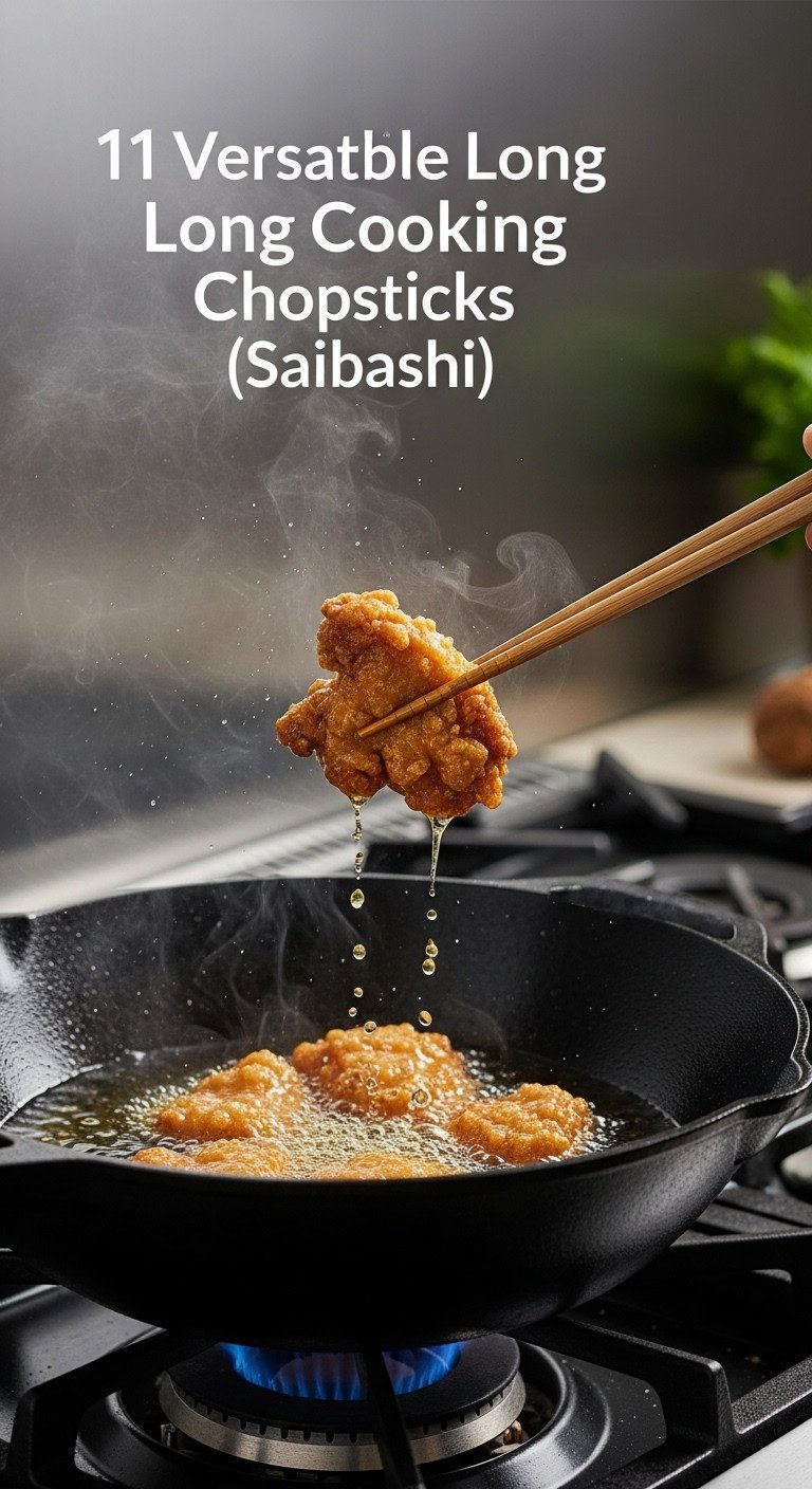 Long wooden cooking chopsticks lifting chicken karaage from a sizzling wok with hot oil and steam in dramatic lighting
