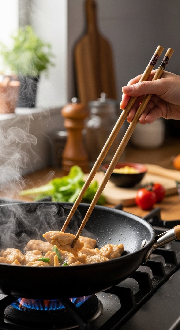 Long wooden saibashi cooking chopsticks deftly turning chicken in a hot stir fry pan