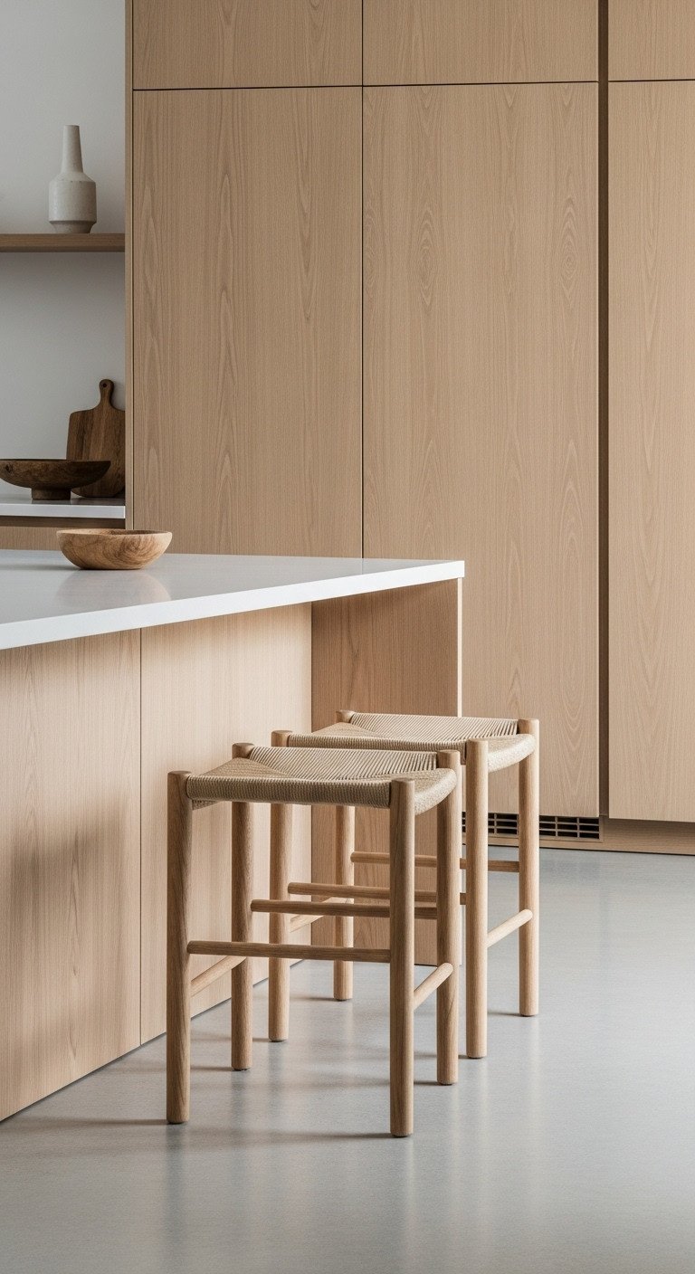 Low profile light oak kitchen stools with woven rush seats under a waterfall island