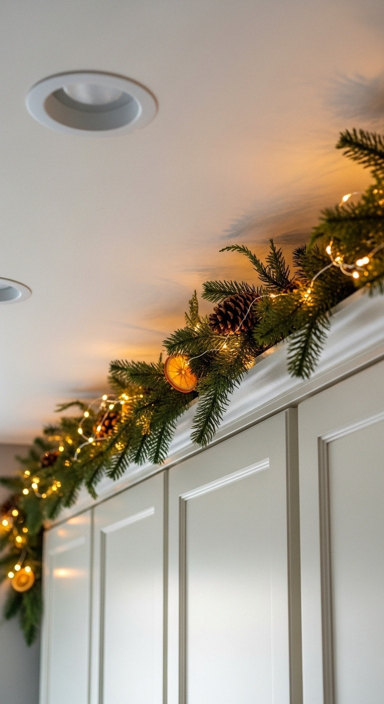 Lush Christmas garland above cream kitchen cabinets fairy lights dried oranges pinecones golden hour light cozy home