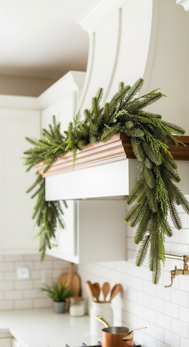 Lush evergreen garland draped over a white kitchen range hood with copper pot and wooden spoons for Christmas decor