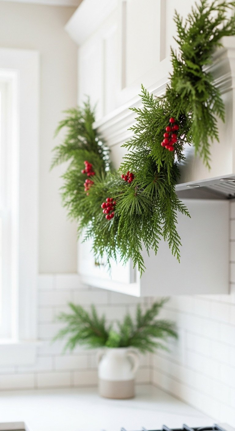 Lush evergreen garland with red berries draped over a white kitchen window creating a cozy Christmas decor scene