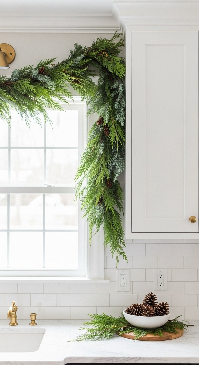 Lush green cedar and juniper garland draped over a white kitchen window and cabinets