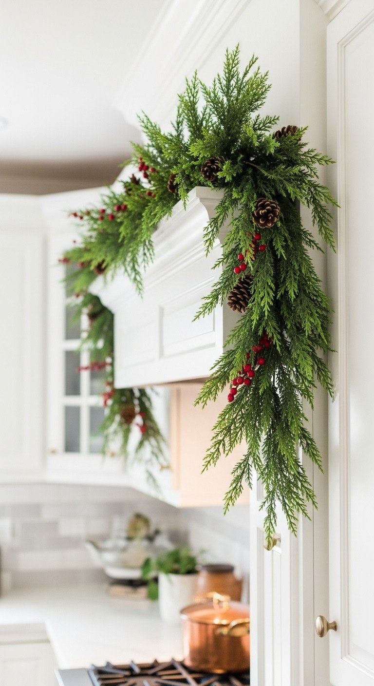 Lush green garland above white kitchen cabinets red berries pinecones bright airy daylight bokeh copper pot