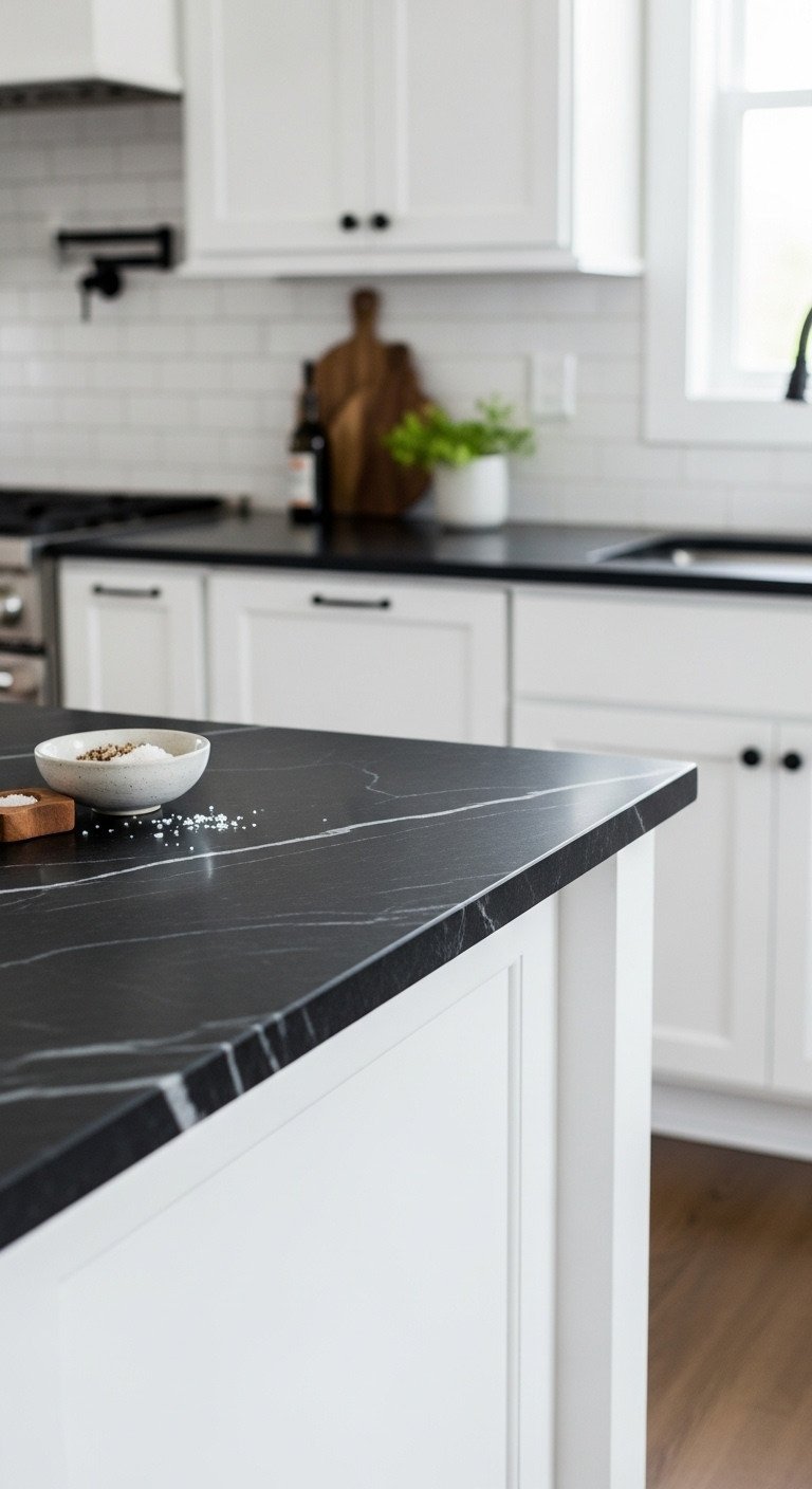 Luxurious black soapstone countertop with white veining contrasting against white kitchen cabinets and a sleek black faucet.