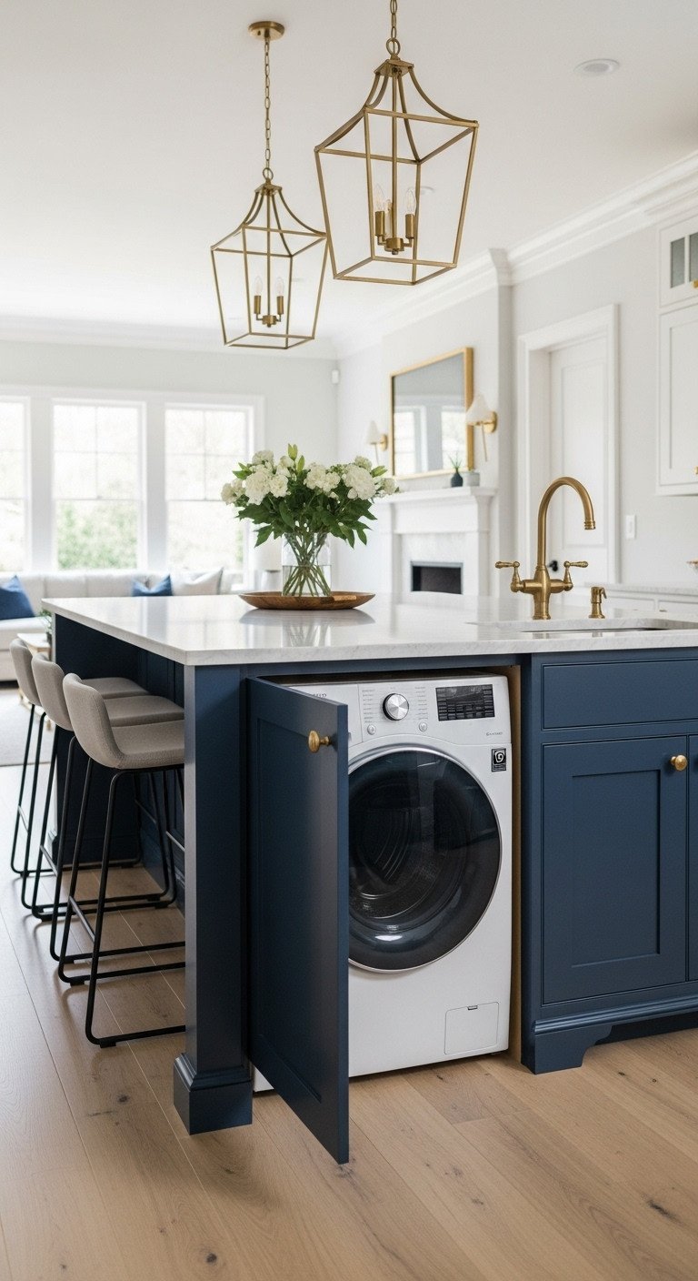 Luxurious kitchen: deep navy blue island, open cabinet reveals compact washer-dryer combo unit. White marble counter, bar stools.