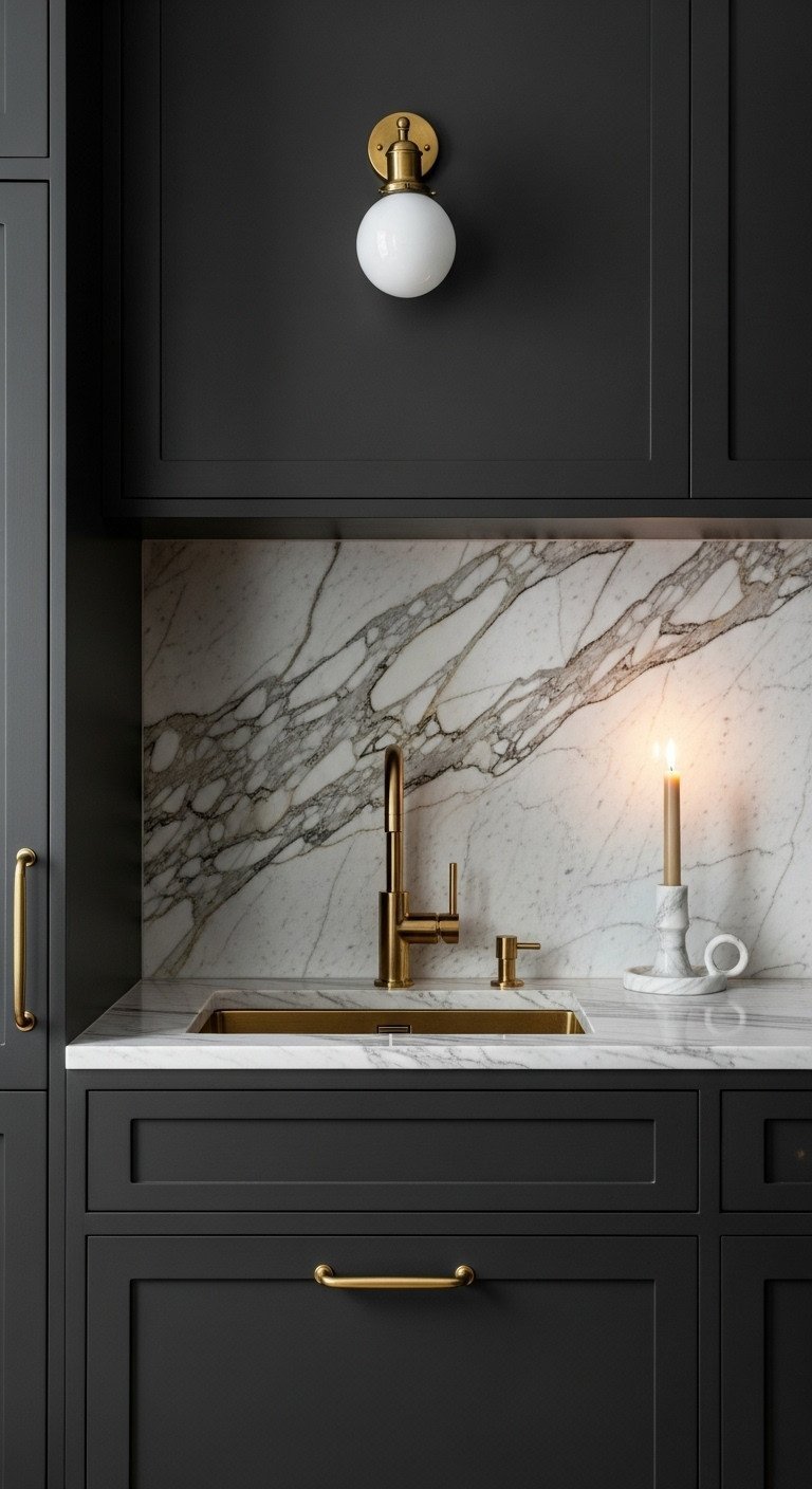 Luxurious tiny NYC kitchen with stunning Calacatta Gold marble countertop and full-height backsplash, elegant brass faucet.