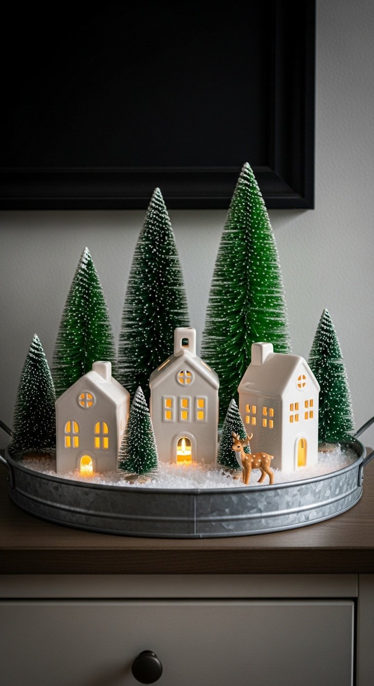 Magical Christmas scene with miniature village on galvanized metal tray with ceramic houses and bottlebrush trees
