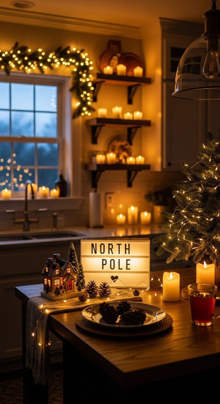 Magical North Pole kitchen with twinkling fairy lights on cabinets, island, light-up sign, and glowing LED candles.
