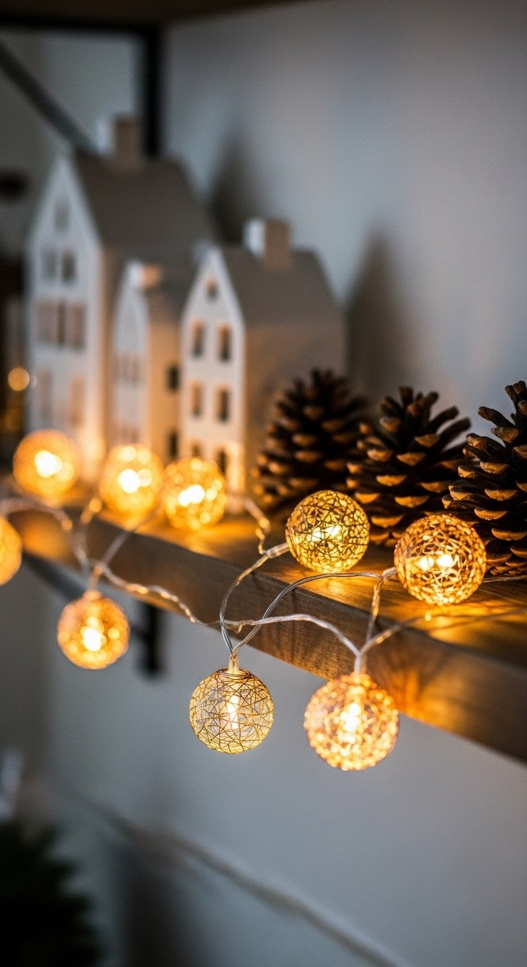 Magical fairy lights glowing on a rustic kitchen shelf with white ceramic houses and pinecones, creating a cozy dusk ambiance.