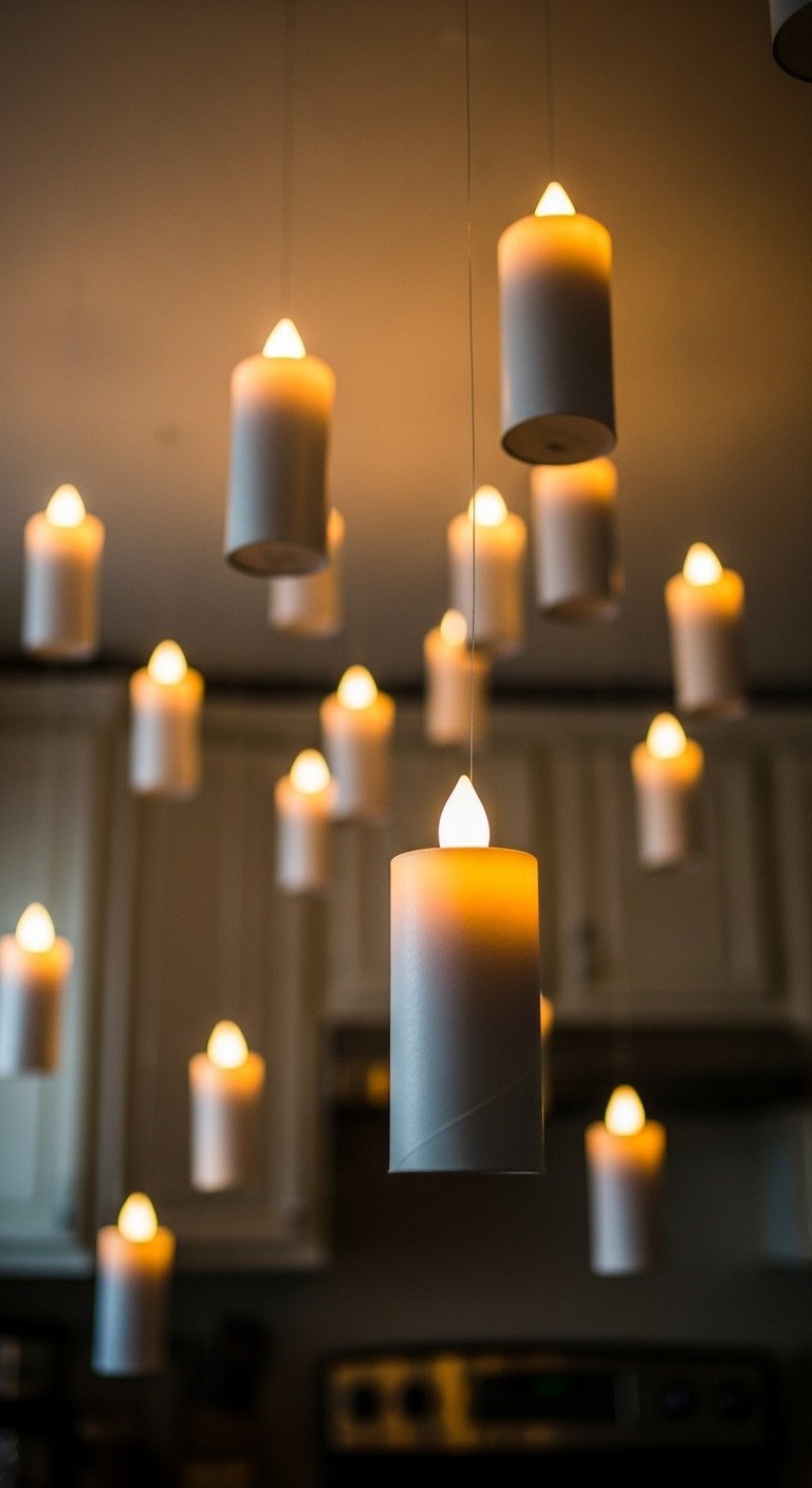 Magical floating LED candles with glowing flames hanging from a dark kitchen ceiling creating a Hogwarts-inspired effect