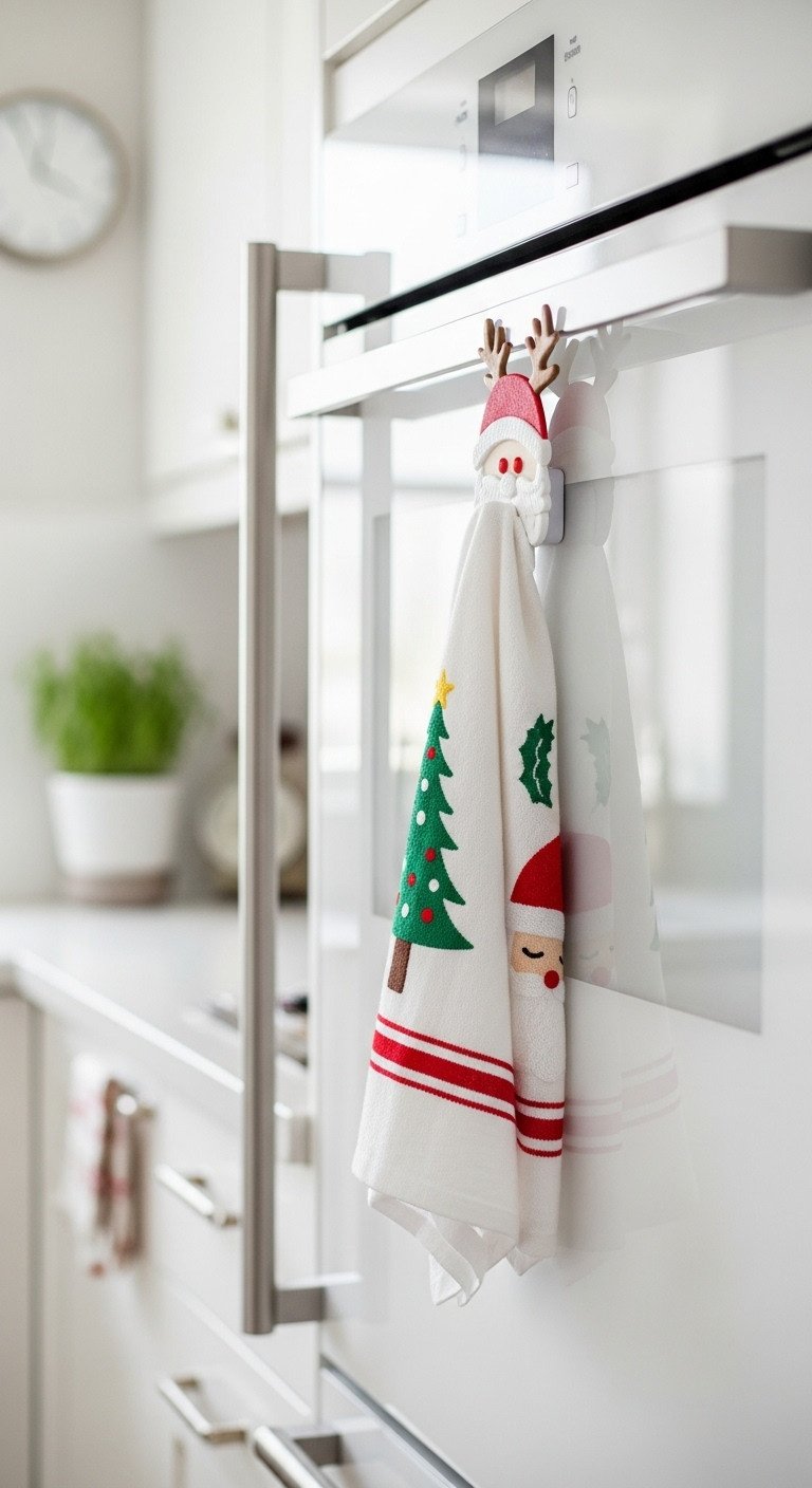 Magnetic Santa dish towel holder with a festive Santa-themed towel on a sleek stainless steel refrigerator, for clutter-free holiday kitchen.