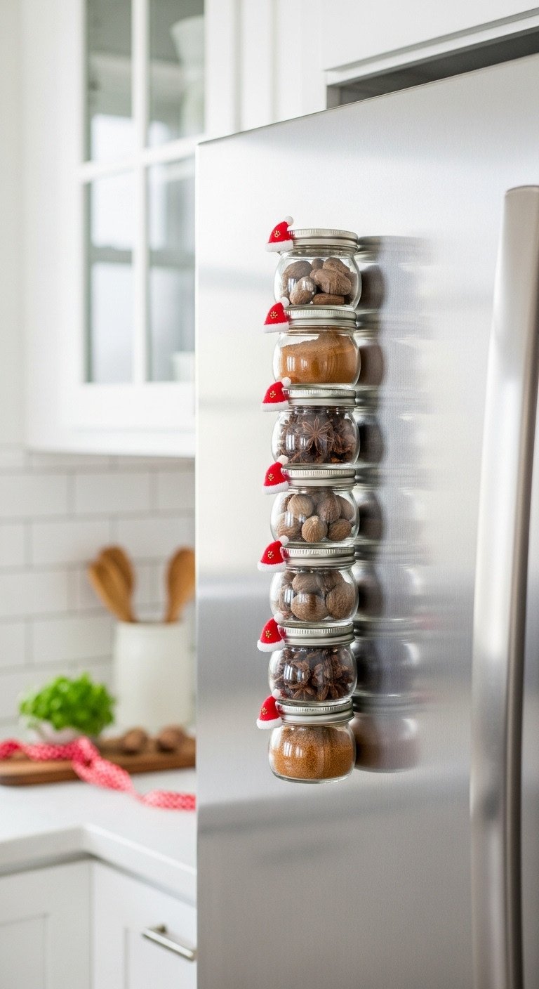 Magnetic Santa spice rack with 5-7 clear jars, mini Santa hats, vibrant spices on a stainless steel fridge in a bright, organized Christmas kitchen.