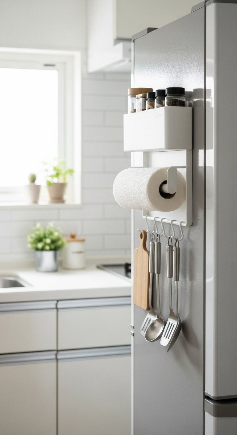 Magnetic kitchen organizer on refrigerator holding paper towels spices and utensils in a small minimalist kitchen
