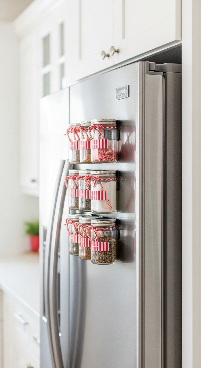 Magnetic spice rack on stainless steel fridge with red/white labeled jars and miniature candy canes; festive kitchen decor.
