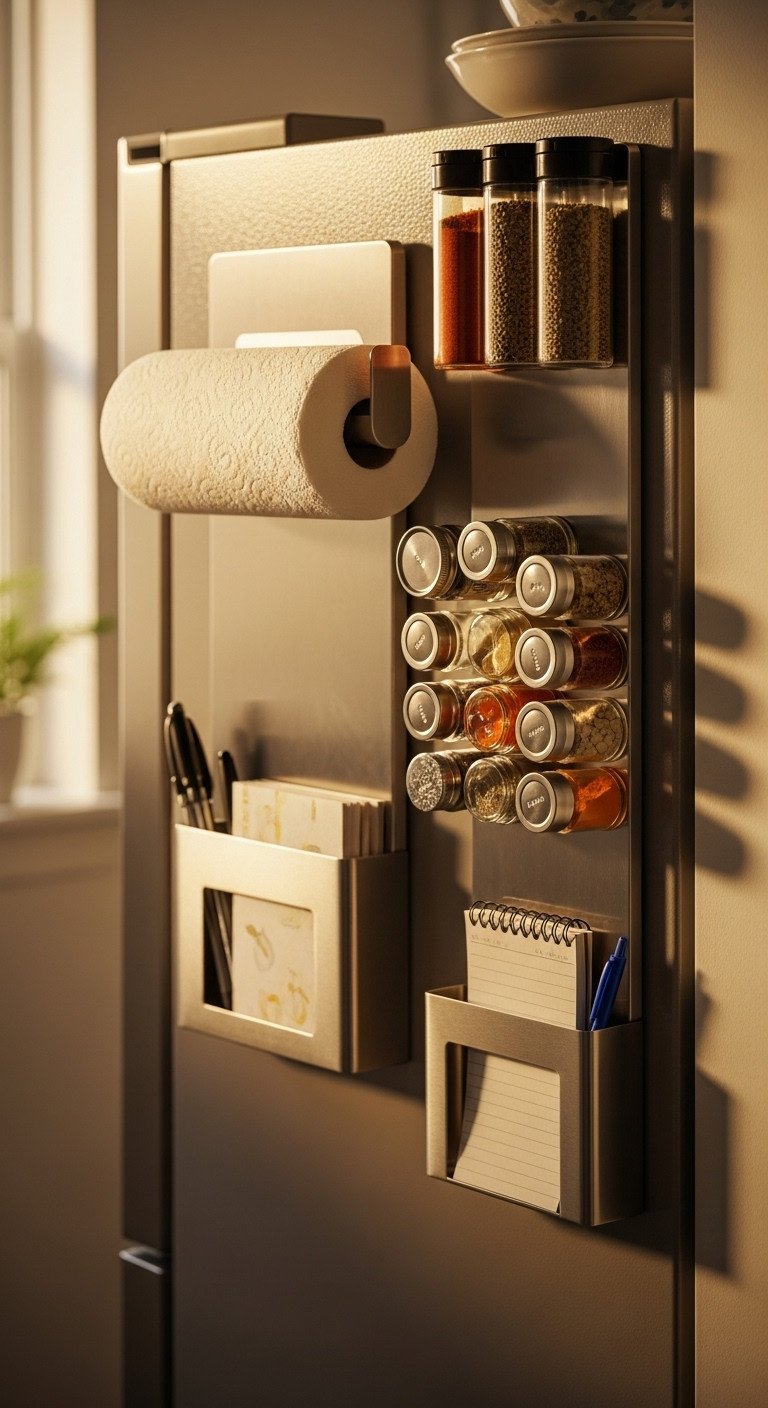 11 Brilliant Apartment Kitchen Layout Ideas For Small Spaces 5 Magnetic spice rack with colorful jars and paper towel holder on a stainless steel refrigerator. Kitchen organization solution.