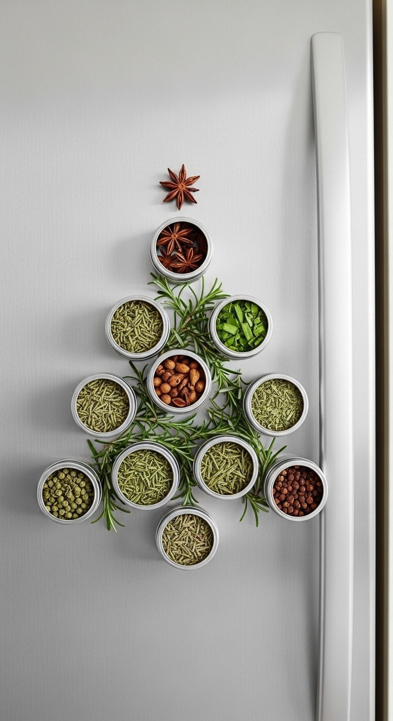 Magnetic spice tins in Christmas tree shape on modern refrigerator with green spices and star anise. Festive kitchen decor.