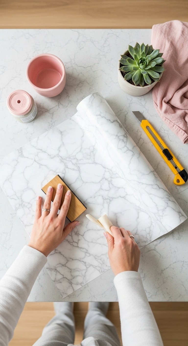 Marble patterned contact paper being smoothed onto a dated laminate kitchen countertop, with a smoothing tool, utility knife, and succulent nearby