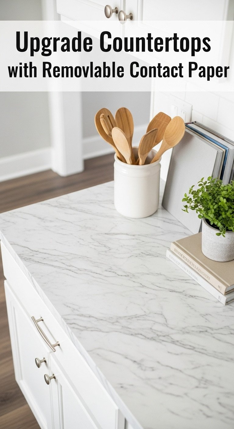 Marble patterned contact paper flawlessly applied to a kitchen countertop with a ceramic utensil holder, cookbooks, and a potted herb
