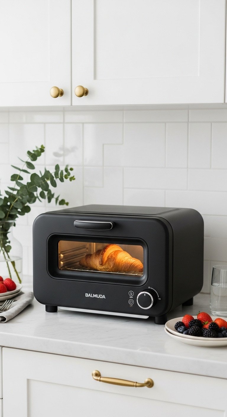 Matte black Balmuda steam toaster oven with a golden brown croissant on a marble countertop