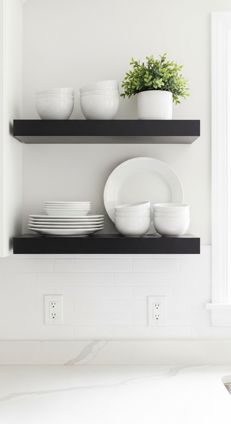 Matte black floating shelves, white dishes, plant. Modern minimalist kitchen decor on white wall above quartz counter.