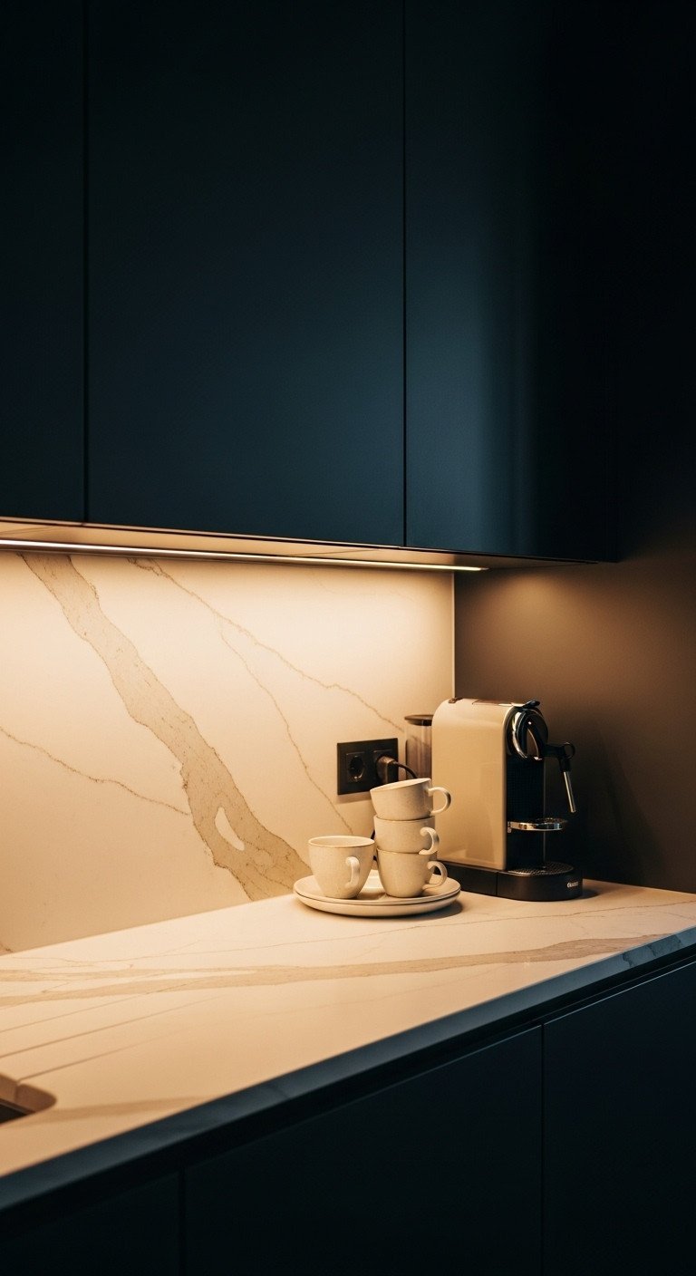 Matte black kitchen cabinets lit by warm under-cabinet LEDs at dusk. Marble countertop, coffee machine, creates cozy ambiance.