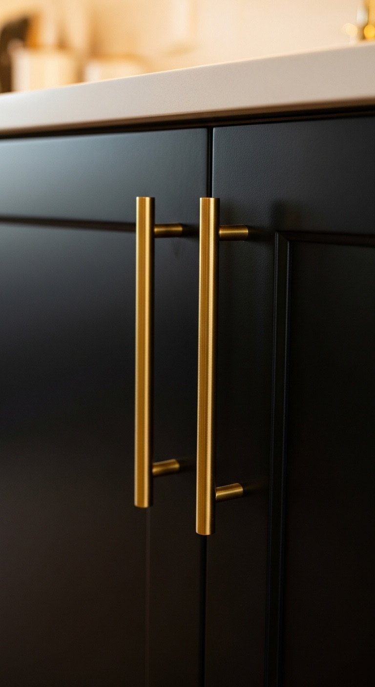 Matte black kitchen cabinets with elegant, vertical brass hardware. Macro shot highlights sleek pulls, warm golden hour glow.