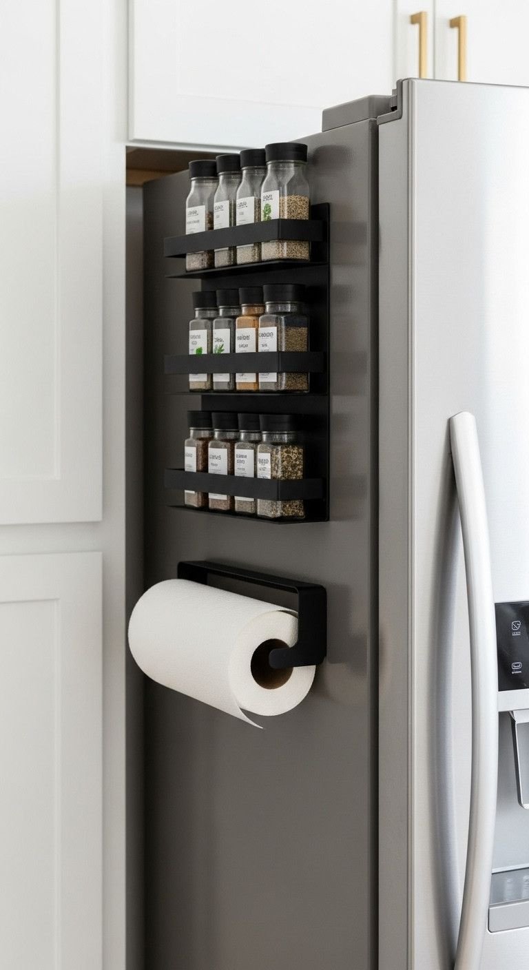 Effortless Farmhouse Kitchen Ideas For Any Apartment 11 Matte black magnetic spice rack on a stainless steel refrigerator, holding minimalist glass jars. Efficient kitchen organization and storage solutions.