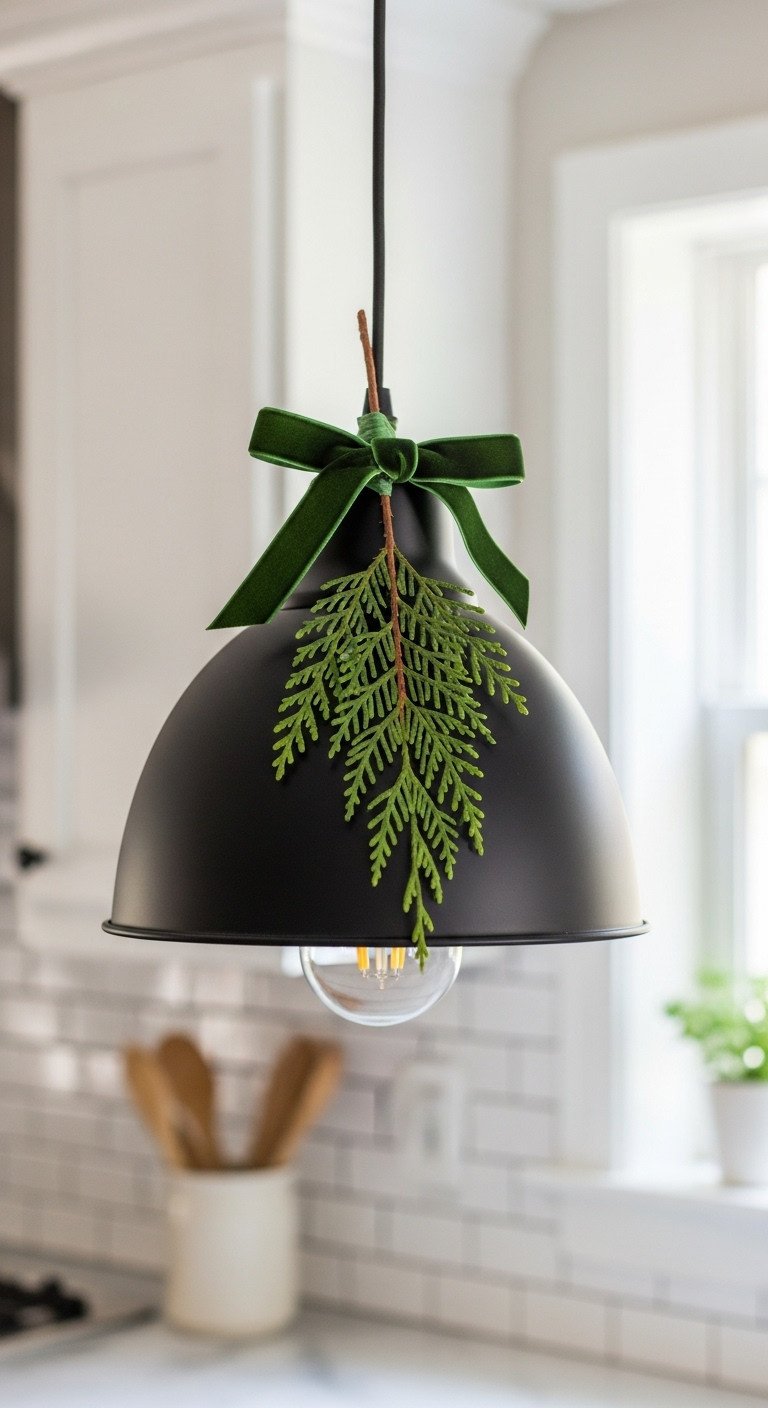 Matte black modern kitchen pendant light decorated with faux cedar greenery and a forest green velvet bow on a black cord. Cozy kitchen lighting decor.