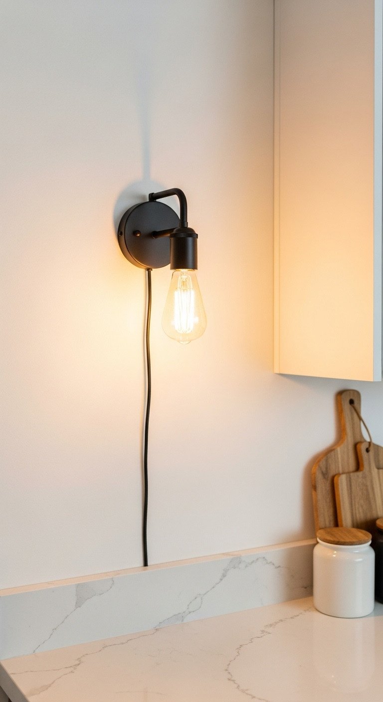 Matte black plug-in wall sconce, Edison bulb. Modern kitchen lighting over white counter with jar, cutting board.
