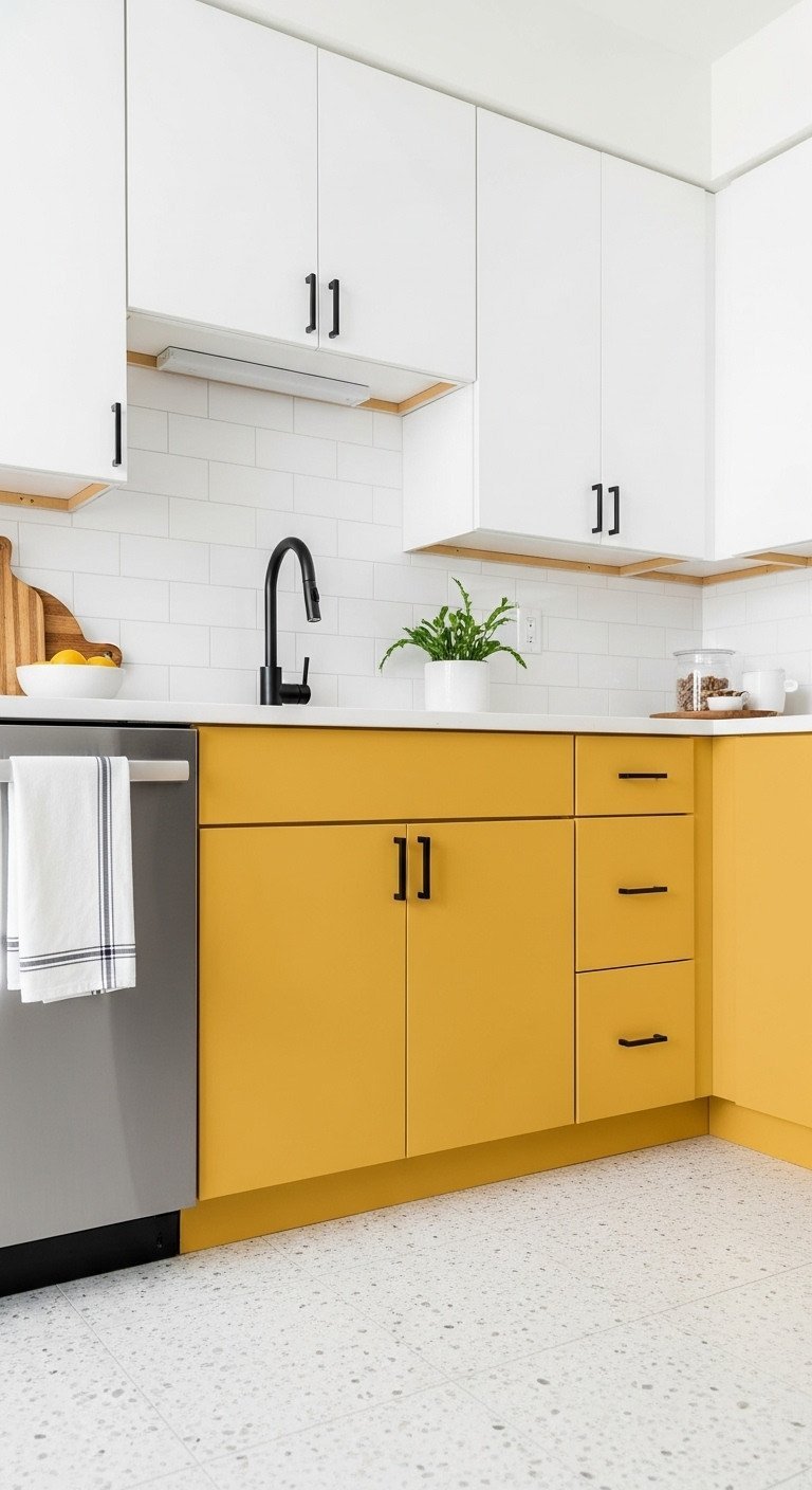 Matte butter yellow contact paper lower cabinets, modern black hardware, white upper cabinets. DIY kitchen update.