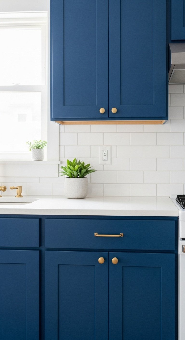 Matte navy blue vinyl wrapped shaker kitchen cabinets with brass knob, white quartz countertop, and subway tile, DIY home decor upgrade.