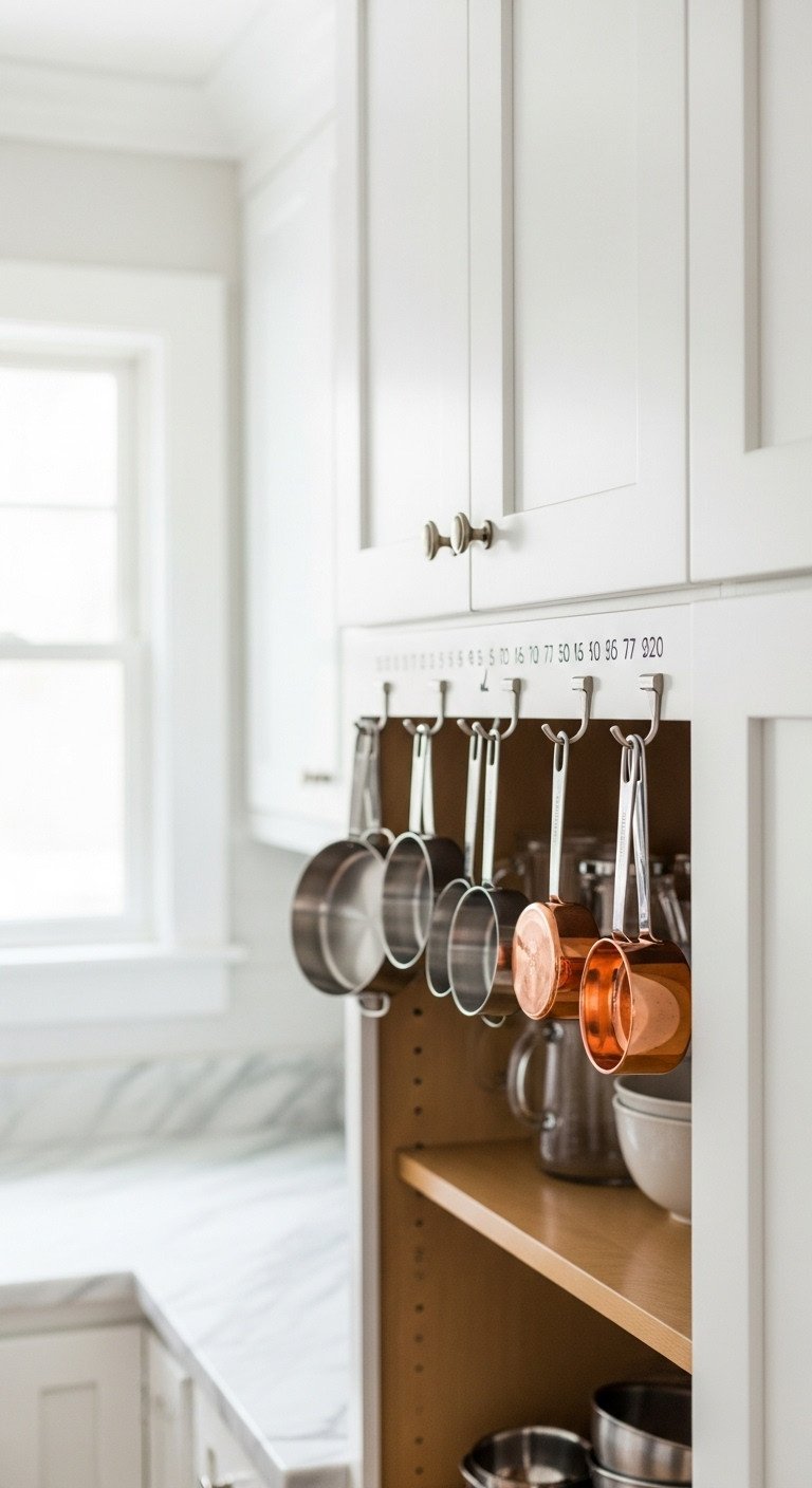 Measuring cups and spoons hanging on hooks inside a white kitchen cabinet door with a conversion chart