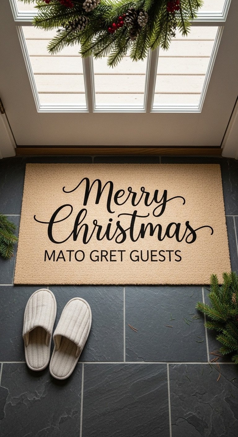 Merry Christmas kitchen mat on slate tile floor with cozy slippers and festive wreath inviting holiday entry