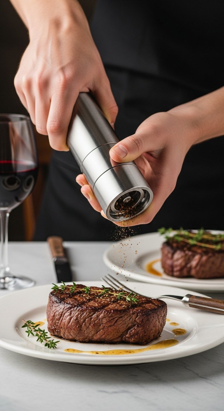 Metal pepper grinder actively grinding pepper onto a perfectly cooked steak