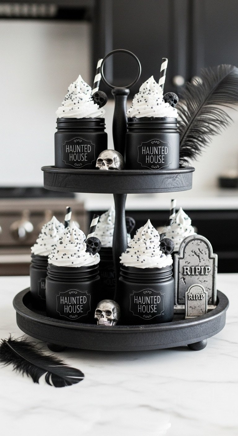 Midnight Gothic Glam tiered tray with black jars whipped cream toppers silver skulls raven feather and miniature tombstone