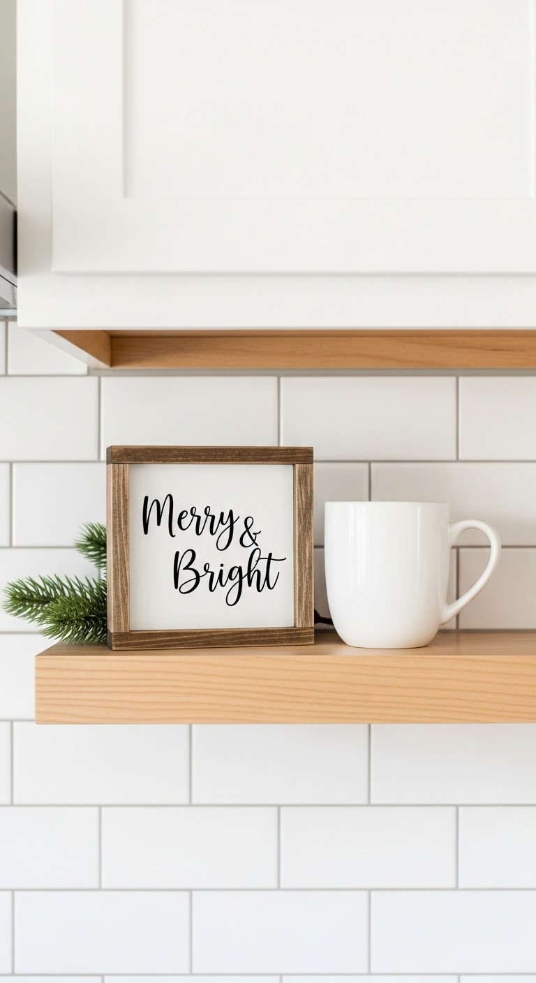 Mini Christmas sign Merry & Bright rustic wooden frame kitchen open shelf white ceramic mug faux pine backsplash