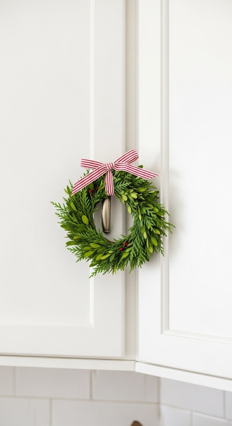 Mini boxwood wreath with red and white ribbon on a white shaker kitchen cabinet door for Christmas decor