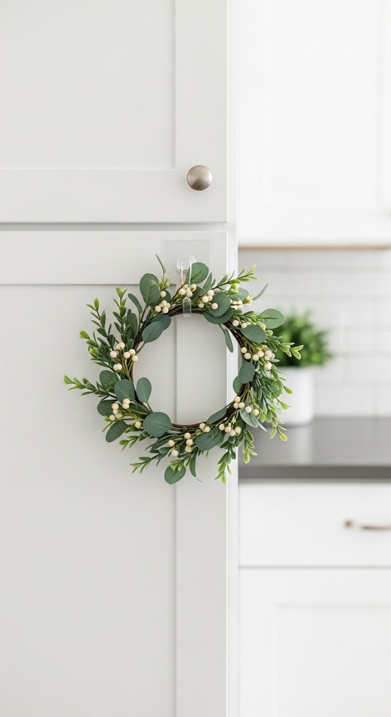 Mini fall eucalyptus and white berry wreath hanging on a white kitchen cabinet, creating a simple, rental-friendly decor accent.