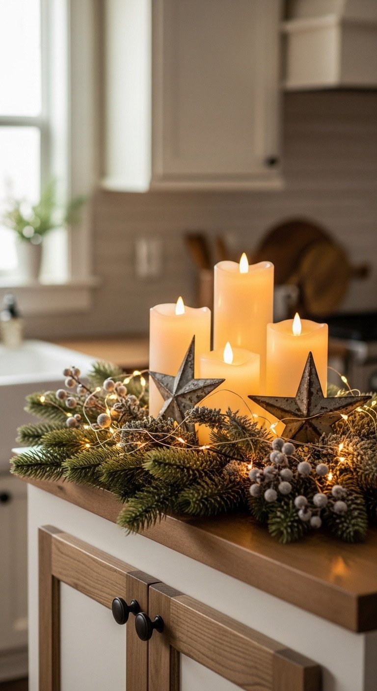 Mini farmhouse Christmas wreaths with eucalyptus and red berries on a shiplap wall above white kitchen cabinets. Cozy decor.