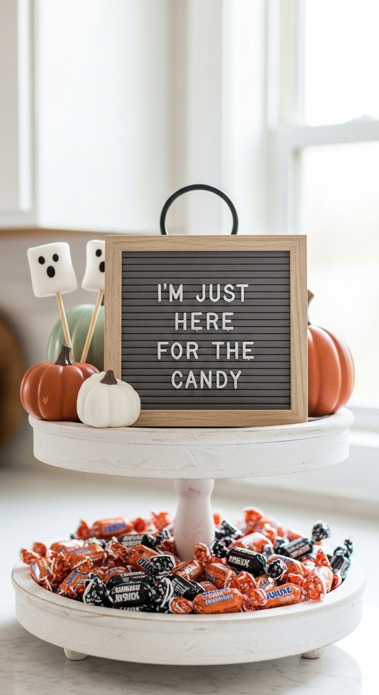 Mini letter board on a kitchen tiered tray reads I'm Just Here for the Candy with pumpkins ghost marshmallow and candies