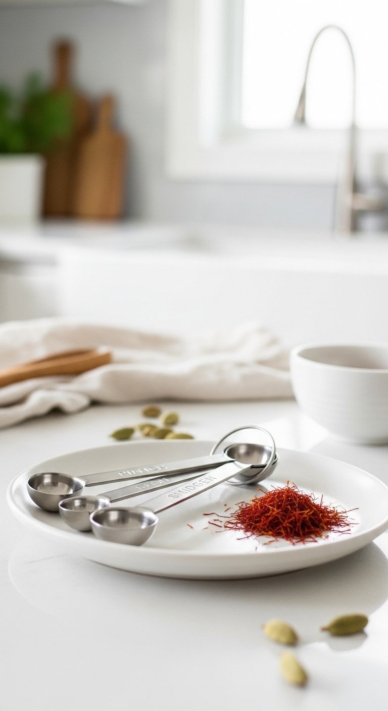 Mini measuring spoons fanned out next to saffron threads on a white ceramic plate